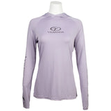 Light purple long-sleeve shirt with a hood and a logo