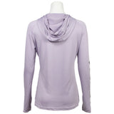 Back view of a lavender long-sleeve hooded shirt on a mannequin
